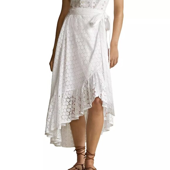 Polo Ralph Lauren White Eyelet Cotton Voile Midi Wrap Skirt